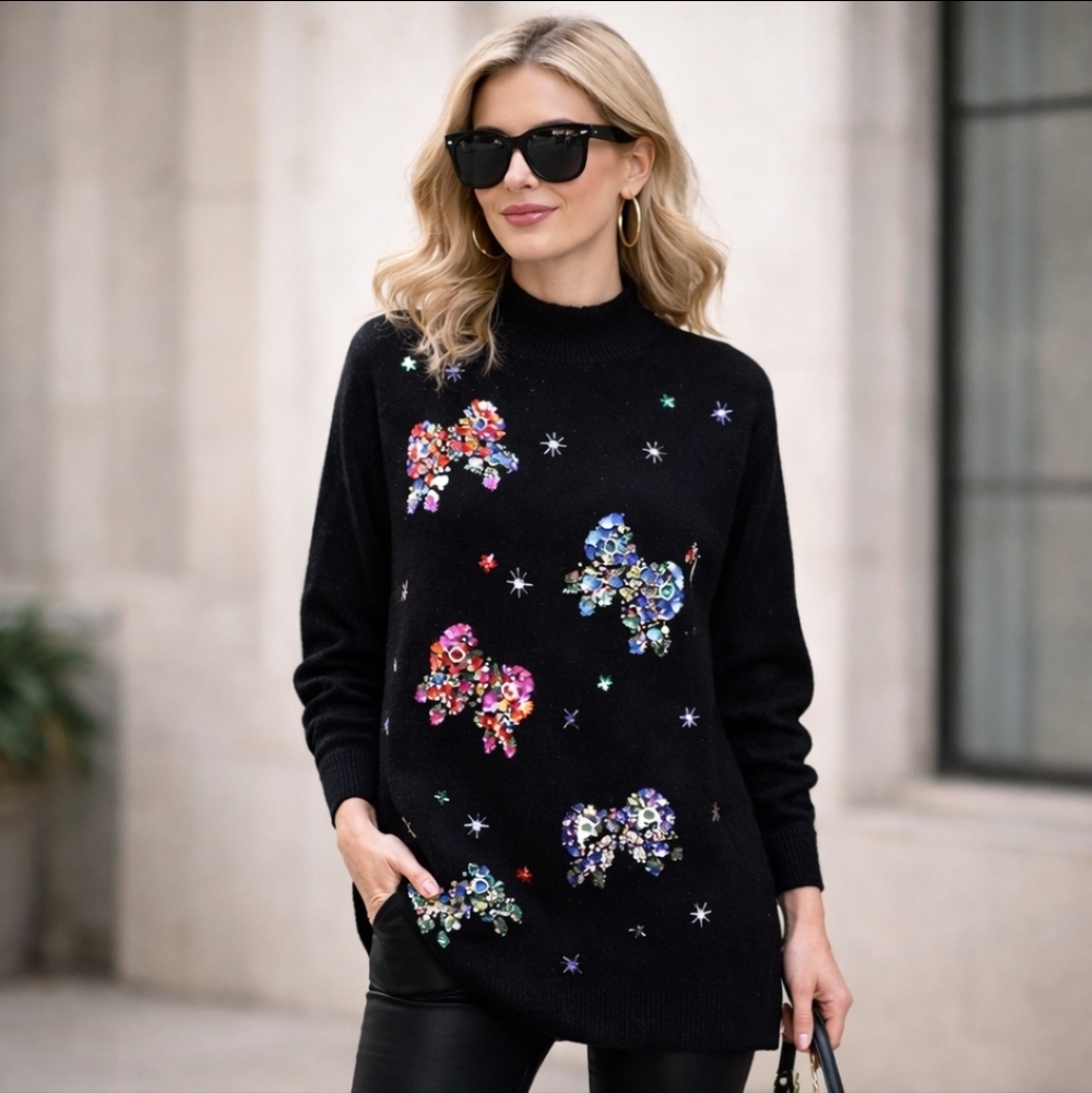VTG 80s Butterfly Sweater Encrusted Jewels Black Ramie Blend Tunic NWT 3X
